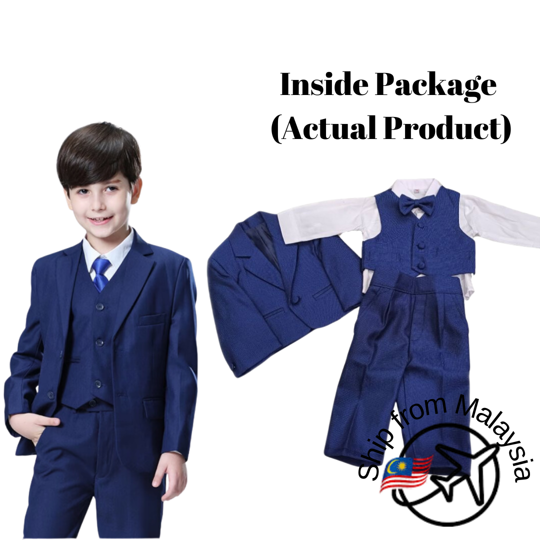 Kids Coat Wedding Suit Photography Blue Maroon Coat 5PCS Set (3Y - 13Y)