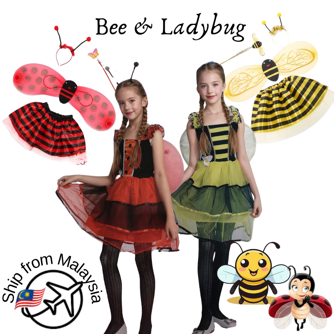 Halloween Kids Performance Costume Set Bee/Ladybug Wing Tutu Skirt Headband Wand Cosplay Party Accessories