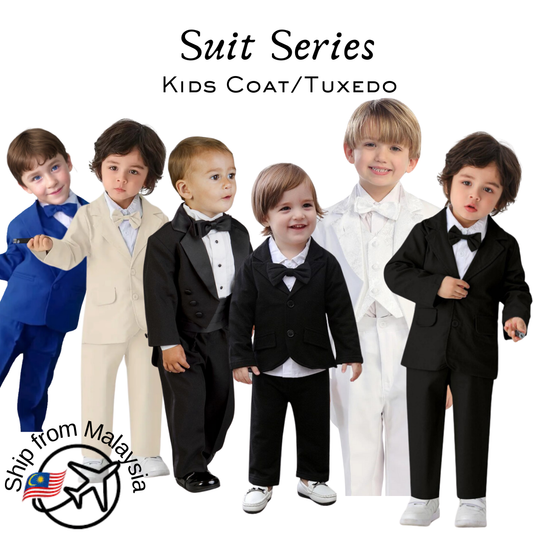 Ready Stock 5pcs Kids Coat Tuxedo Set Formal Wear Clothes Outfits Infant Toddler Wedding Party Birthday Suit