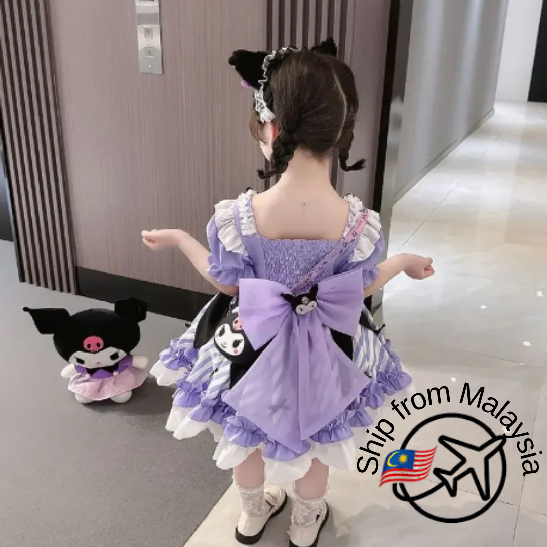 Sanrios Kuromi Cartoon Children Princess Dress Cute Girl Summer Lace Fluffy Dress Anime Lolita Cosplay Clothing Birthday