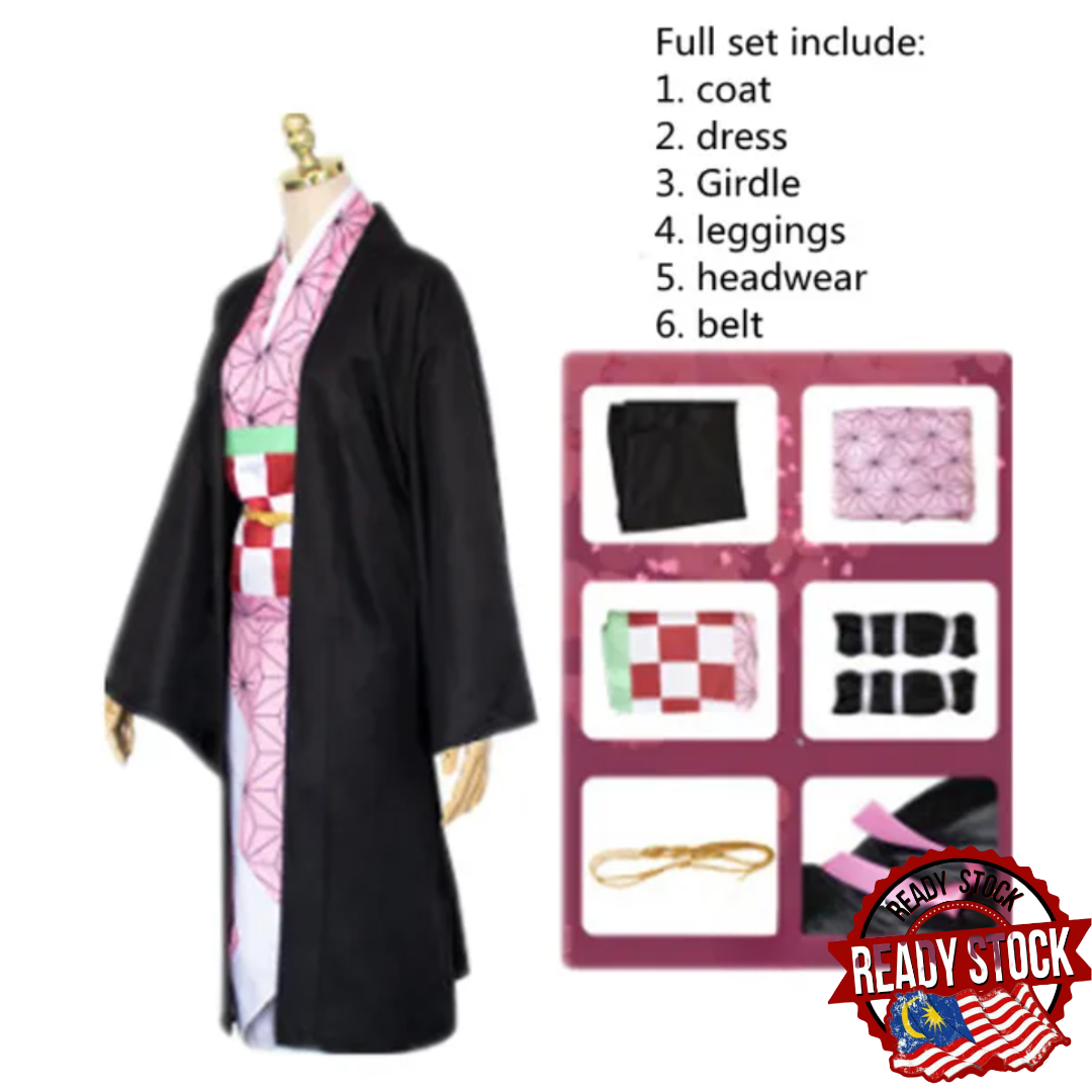 Malaysia Ready Stock Budak Cosplay costume Clothes Anime Demon Slayer Cosplay dress Tanjirou/Nezuko/Kyoujurou suit Party Event