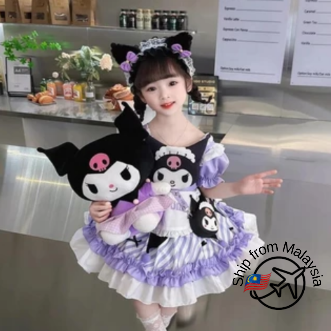 Sanrios Kuromi Cartoon Children Princess Dress Cute Girl Summer Lace Fluffy Dress Anime Lolita Cosplay Clothing Birthday