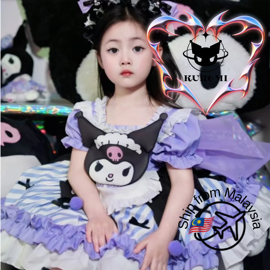 Sanrios Kuromi Cartoon Children Princess Dress Cute Girl Summer Lace Fluffy Dress Anime Lolita Cosplay Clothing Birthday