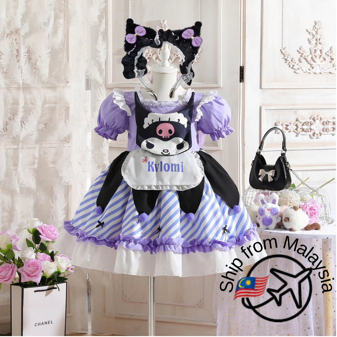 Sanrios Kuromi Cartoon Children Princess Dress Cute Girl Summer Lace Fluffy Dress Anime Lolita Cosplay Clothing Birthday