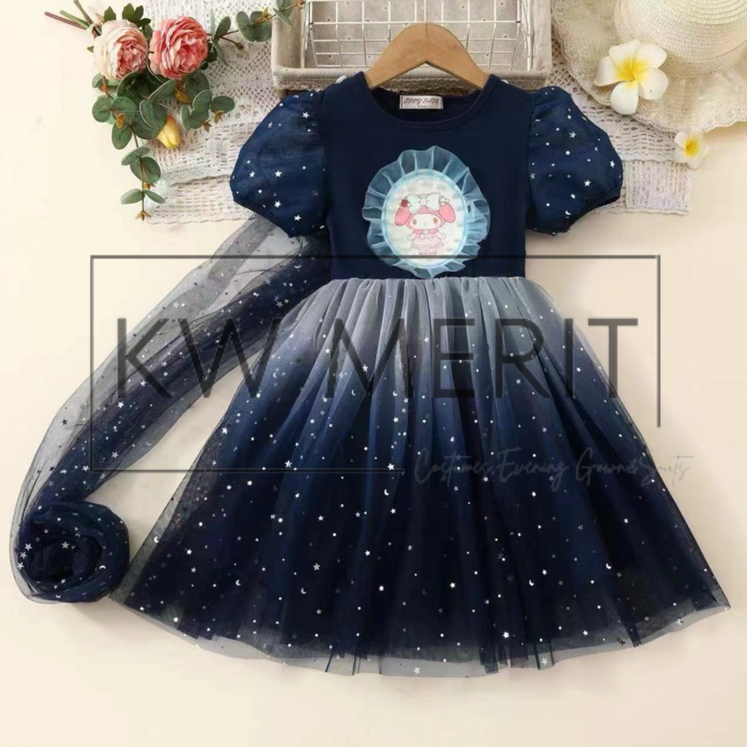 110-150CM Girl Frozen Kuromi Melody Cinnamon pony friends Cartoon Dress Summer Kids Performance celebration casual