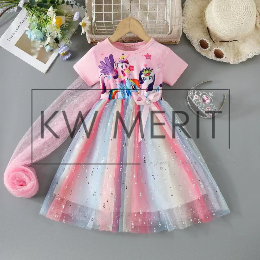 110-150CM Girl Frozen Kuromi Melody Cinnamon pony friends Cartoon Dress Summer Kids Performance celebration casual