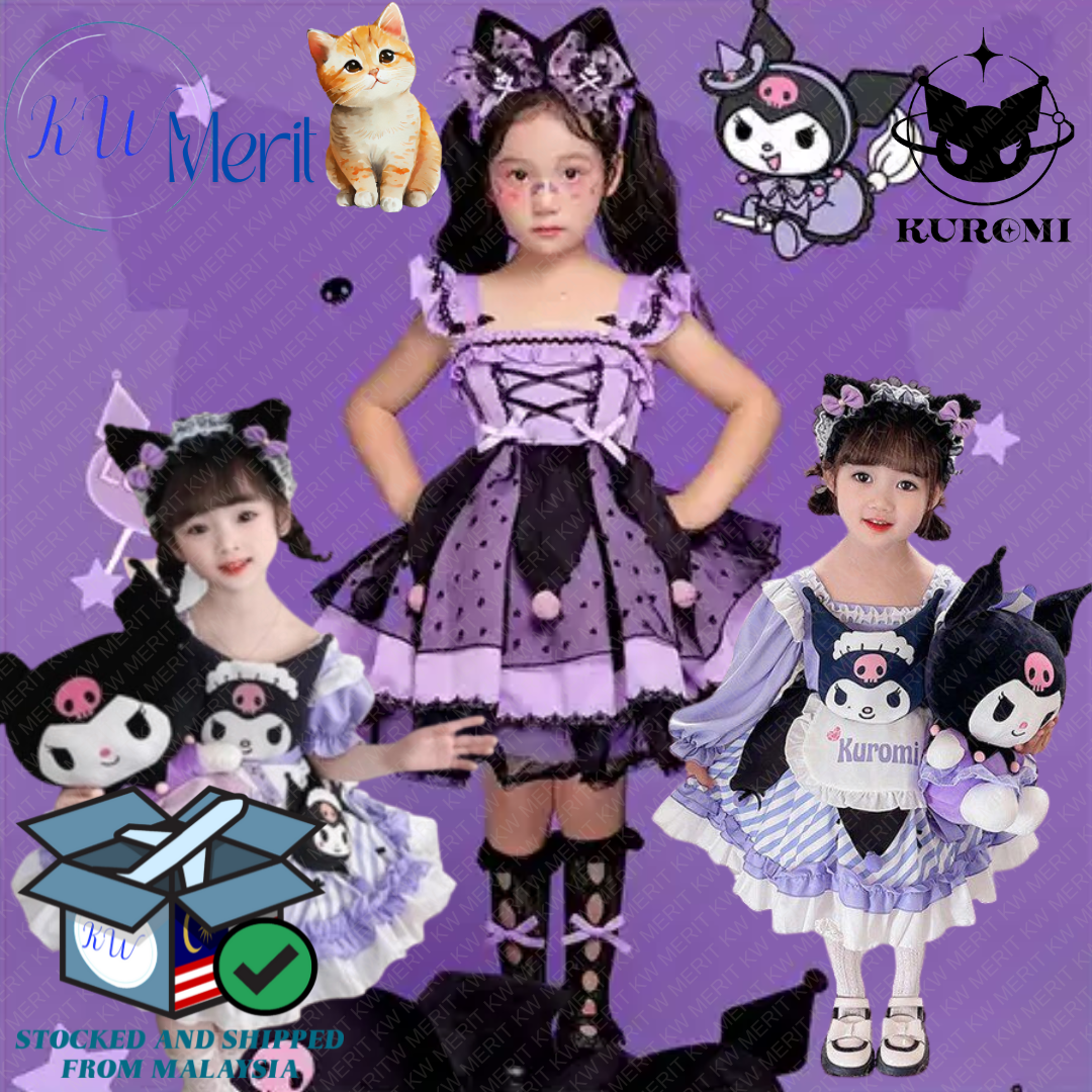 Sanrios Kuromi Cartoon Children Princess Dress Cute Girl Summer Lace Fluffy Dress Anime Lolita Cosplay Clothing Birthday