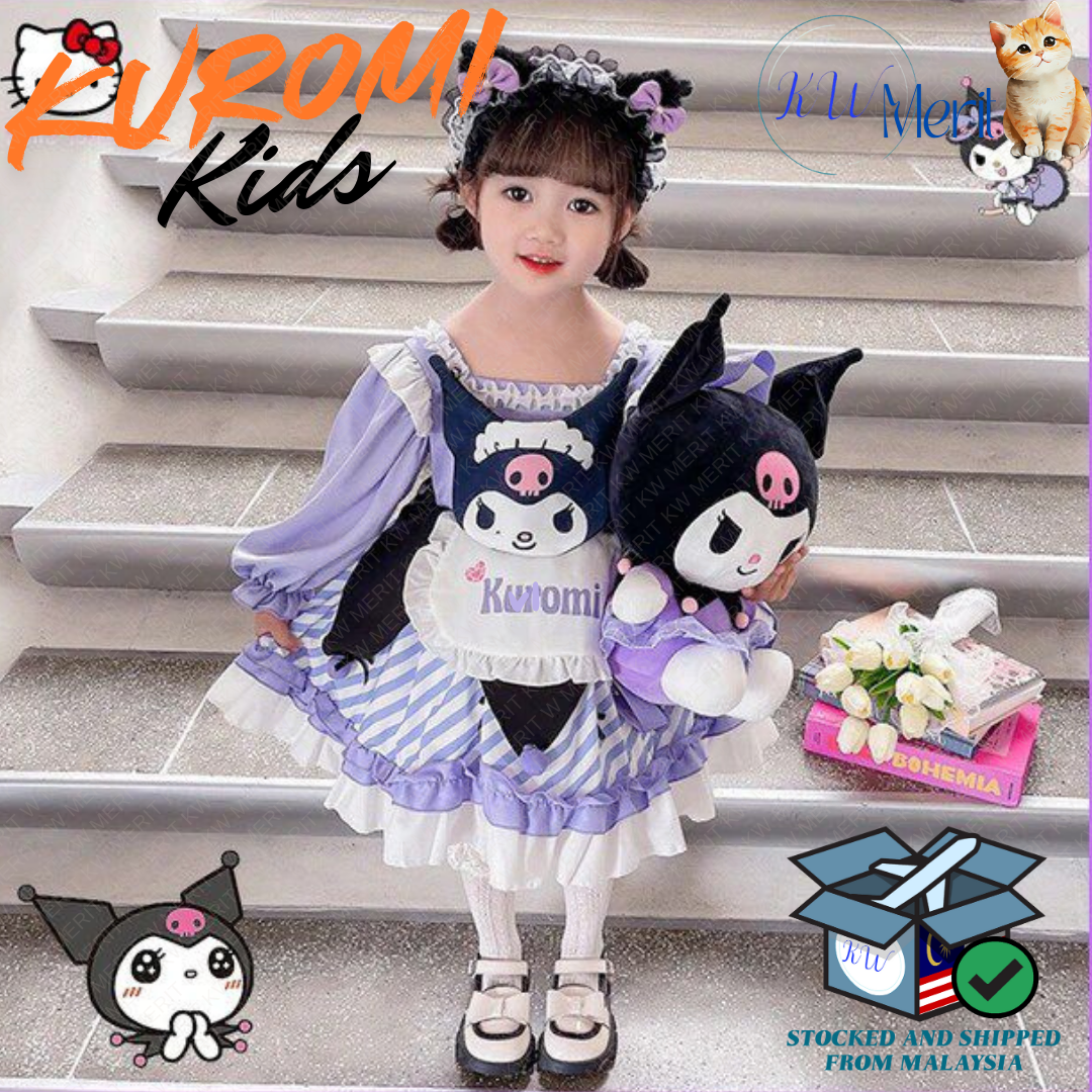 Sanrios Kuromi Cartoon Children Princess Dress Cute Girl Summer Lace Fluffy Dress Anime Lolita Cosplay Clothing Birthday