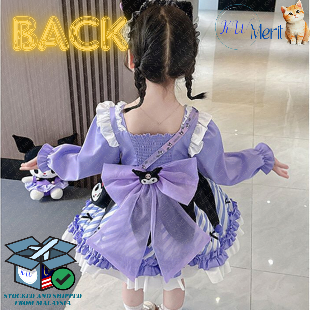 Sanrios Kuromi Cartoon Children Princess Dress Cute Girl Summer Lace Fluffy Dress Anime Lolita Cosplay Clothing Birthday