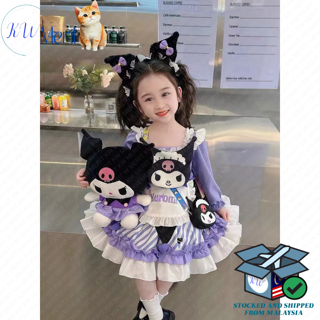 Sanrios Kuromi Cartoon Children Princess Dress Cute Girl Summer Lace Fluffy Dress Anime Lolita Cosplay Clothing Birthday