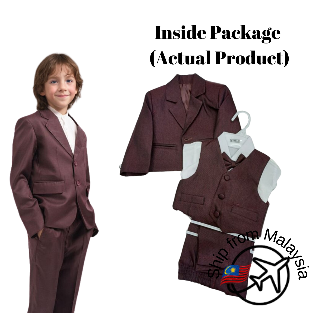 Kids Coat Wedding Suit Photography Blue Maroon Coat 5PCS Set (3Y - 13Y)