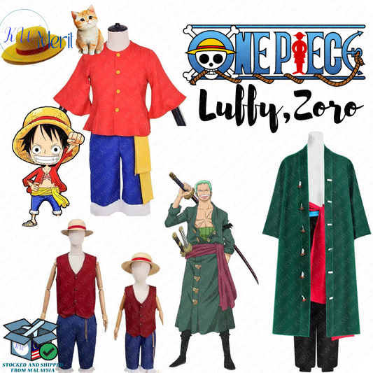 Costume One Piece Luffy & Roronoa Zoro Cosplay Shirt Pants Clothes Hat Suit Halloween Christmas Party for Kids & Adult