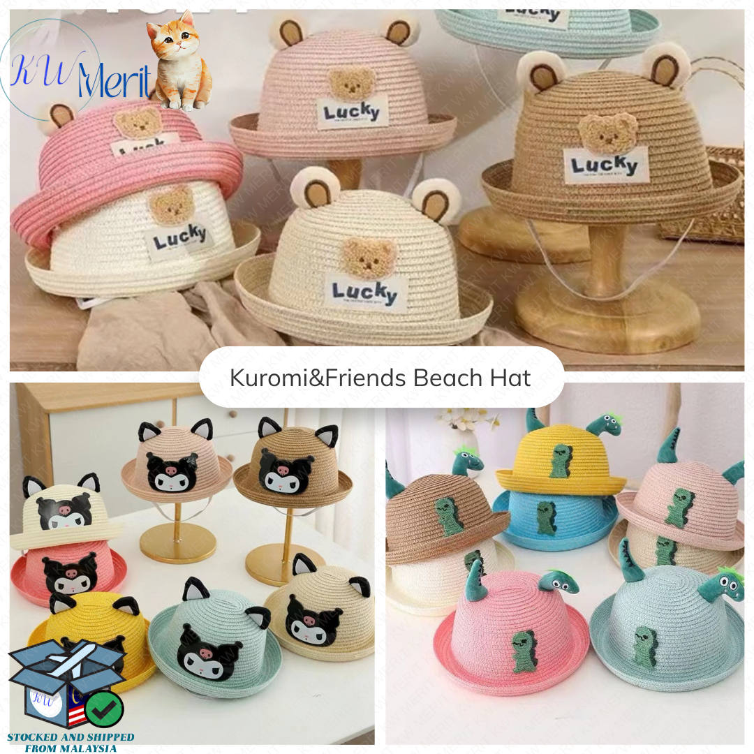 Kids Sun Hat Straw Hat Girl Summer Beach Hat Woven Stitched Bucket Hat Brim Hat Kuromi Dinosaur Teddy Bear