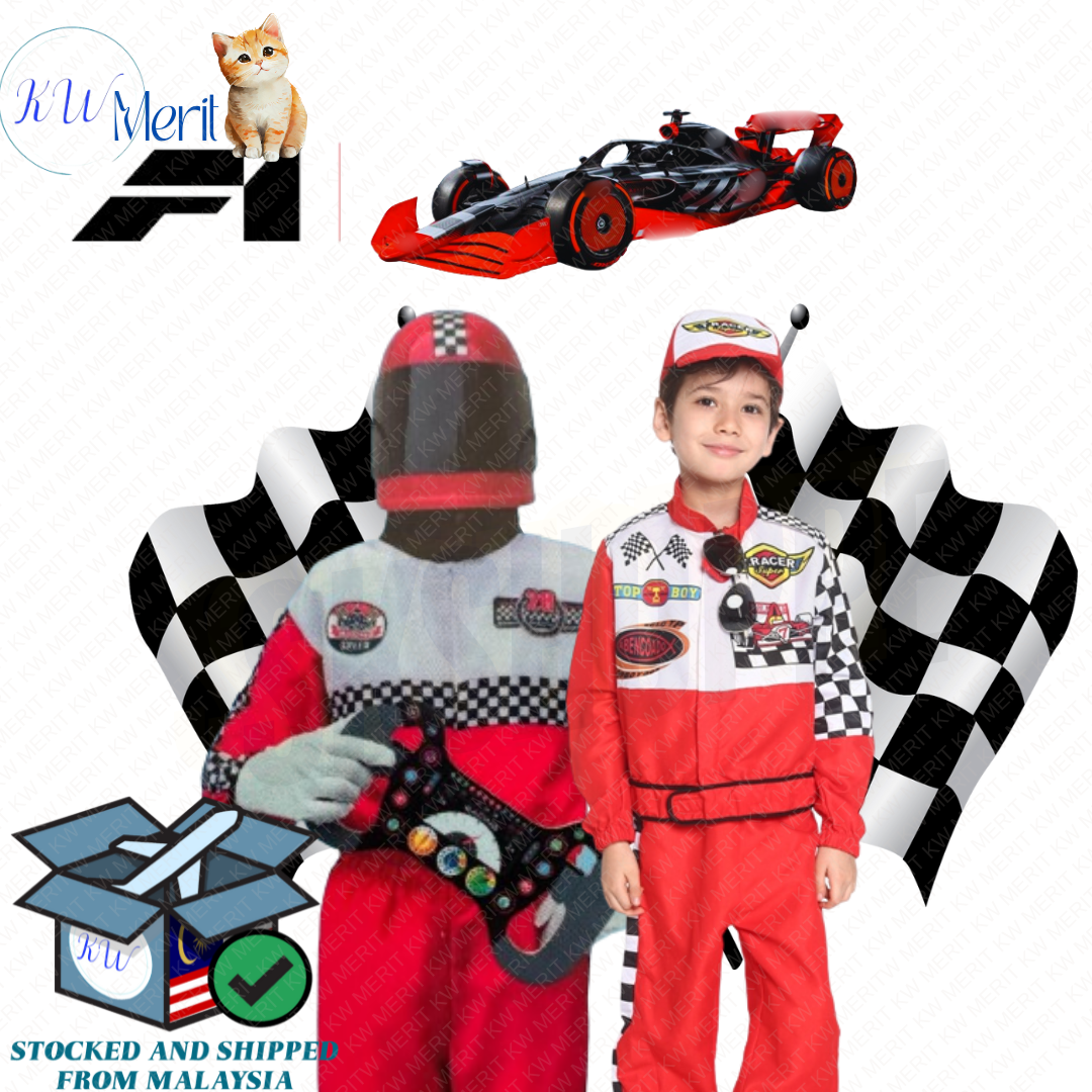 Pretend To Be Costume 1-Piece Red Suit & Helmet Racer Cosplay Quality Race Car Driver Fancy Dress up Unisex