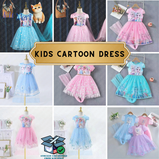 [Ready Stock] (3-8Y) children's princess dress Girls Cotton Cute Cartoon Dress For Kids (Frozen Stella )