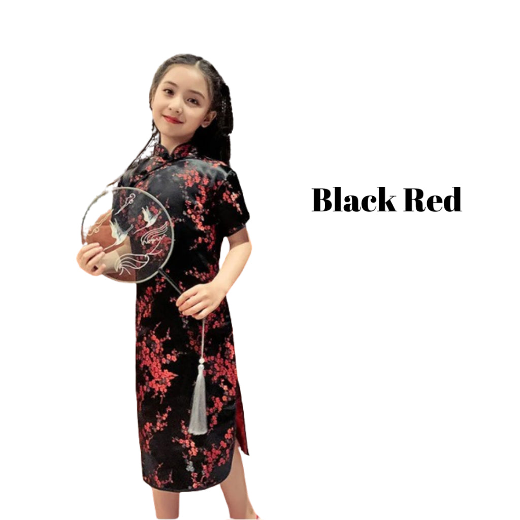 Kids Girls Retro Chinese Style Dragon Floral Embroidery Princess Summer Cheongsam Dress