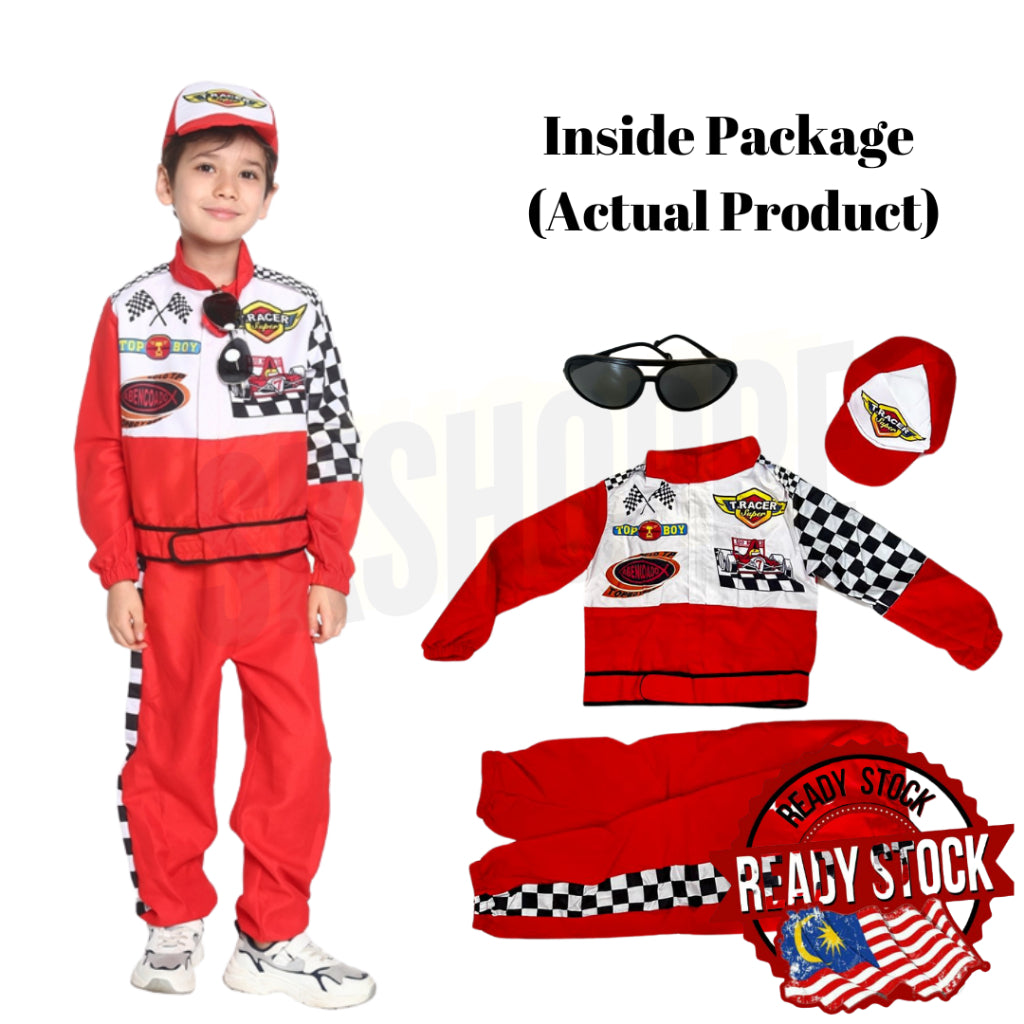 Pretend To Be Costume 1-Piece Red Suit & Helmet Racer Cosplay Quality Race Car Driver Fancy Dress up Unisex