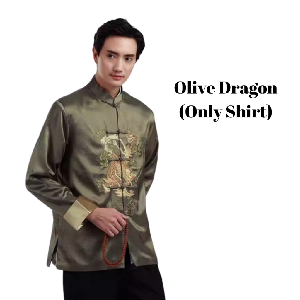 Men's Tang suit long-sleeved Chinese top coat retro embroidered double dragon dress performance costume CNY traditionals