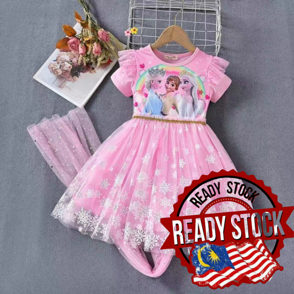 [Ready Stock] (3-8Y) children's princess dress Girls Cotton Cute Cartoon Dress For Kids (Frozen Stella )