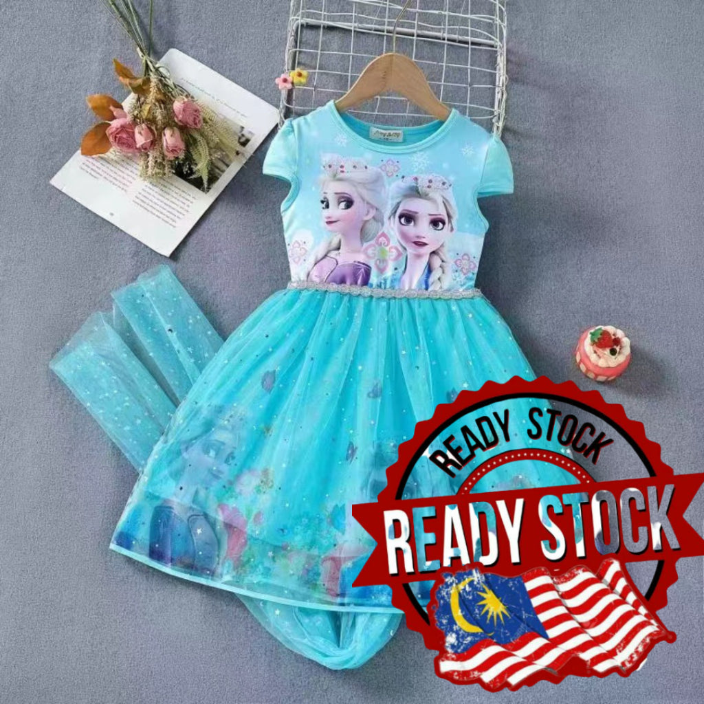 [Ready Stock] (3-8Y) children's princess dress Girls Cotton Cute Cartoon Dress For Kids (Frozen Stella )