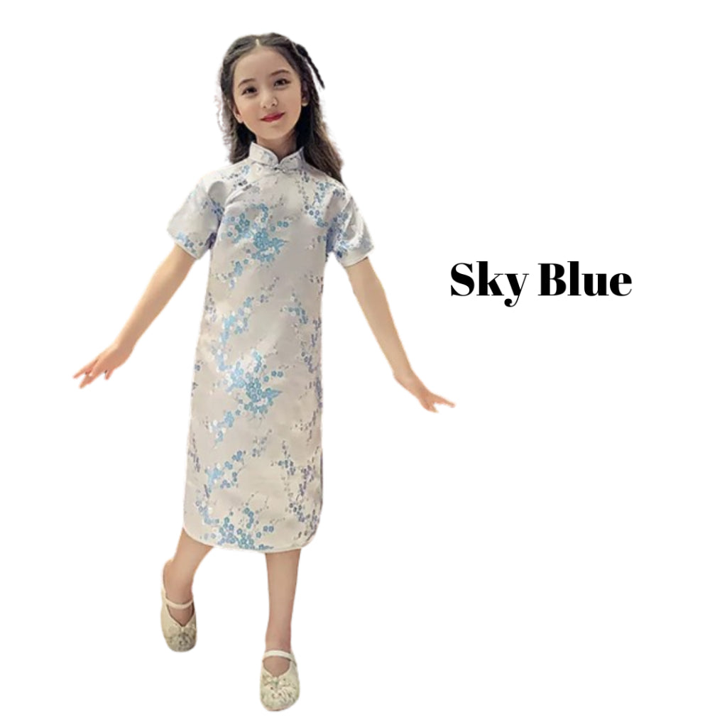 Kids Girls Retro Chinese Style Dragon Floral Embroidery Princess Summer Cheongsam Dress