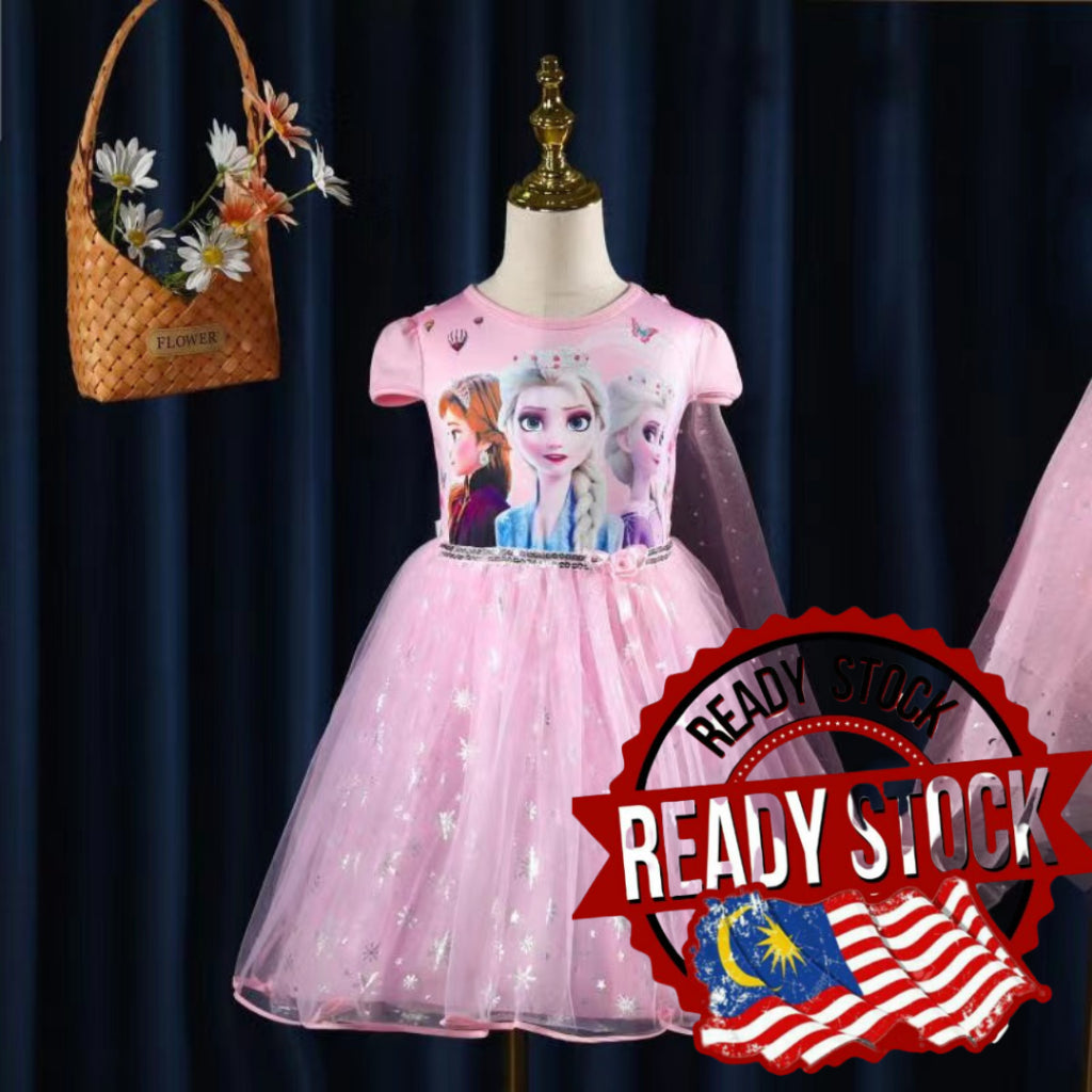 [Ready Stock] (3-8Y) children's princess dress Girls Cotton Cute Cartoon Dress For Kids (Frozen Stella )