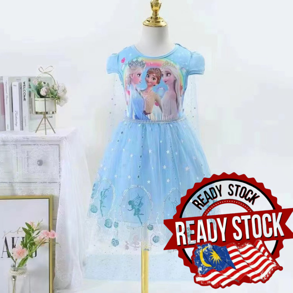 [Ready Stock] (3-8Y) children's princess dress Girls Cotton Cute Cartoon Dress For Kids (Frozen Stella )