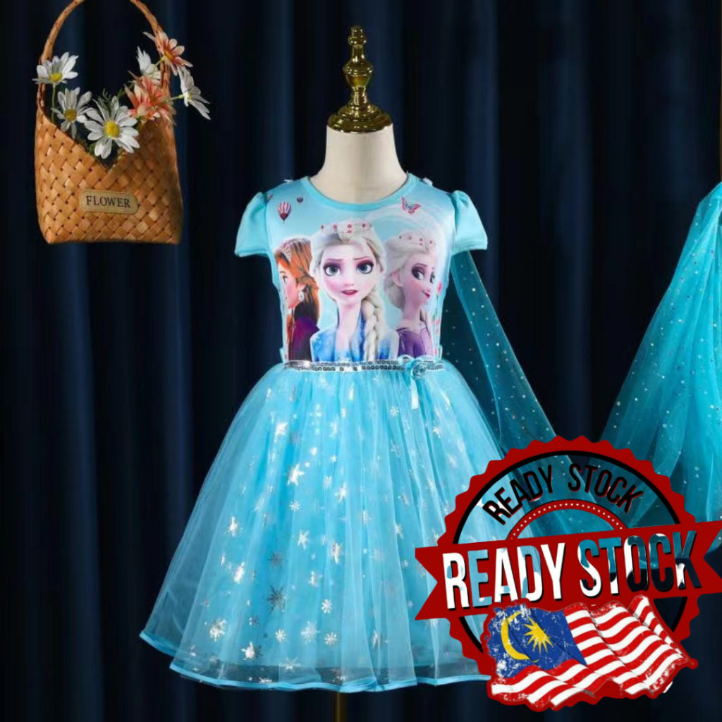 [Ready Stock] (3-8Y) children's princess dress Girls Cotton Cute Cartoon Dress For Kids (Frozen Stella )