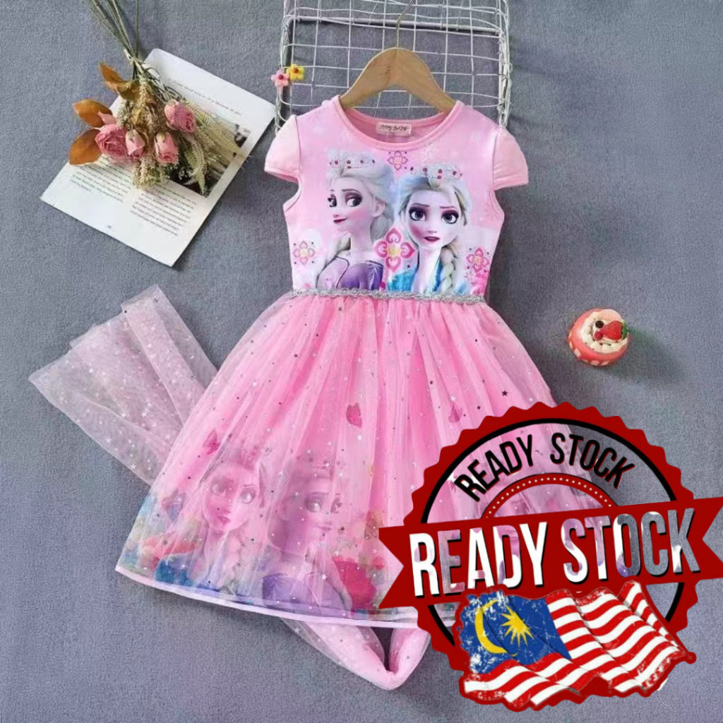 [Ready Stock] (3-8Y) children's princess dress Girls Cotton Cute Cartoon Dress For Kids (Frozen Stella )