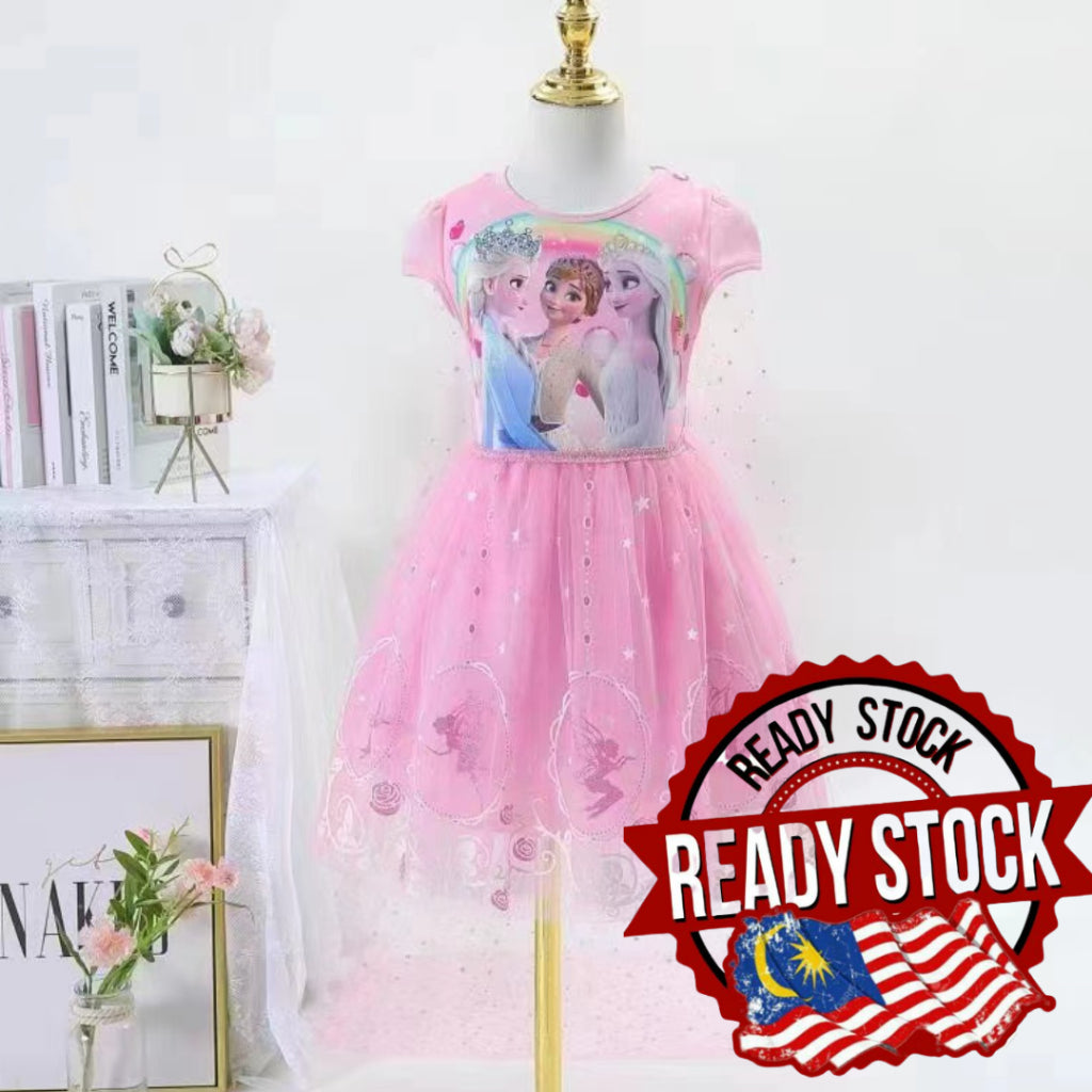 [Ready Stock] (3-8Y) children's princess dress Girls Cotton Cute Cartoon Dress For Kids (Frozen Stella )