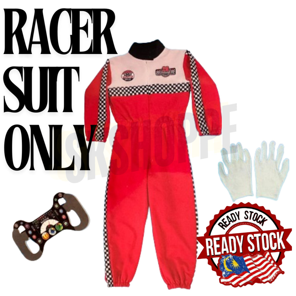 Pretend To Be Costume 1-Piece Red Suit & Helmet Racer Cosplay Quality Race Car Driver Fancy Dress up Unisex