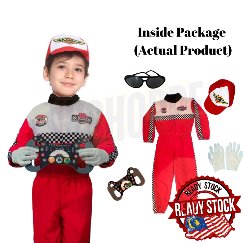 Pretend To Be Costume 1-Piece Red Suit & Helmet Racer Cosplay Quality Race Car Driver Fancy Dress up Unisex