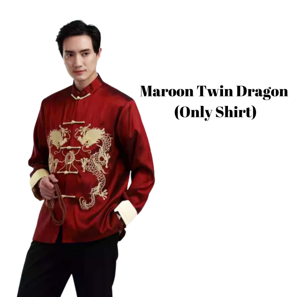 Men's Tang suit long-sleeved Chinese top coat retro embroidered double dragon dress performance costume CNY traditionals