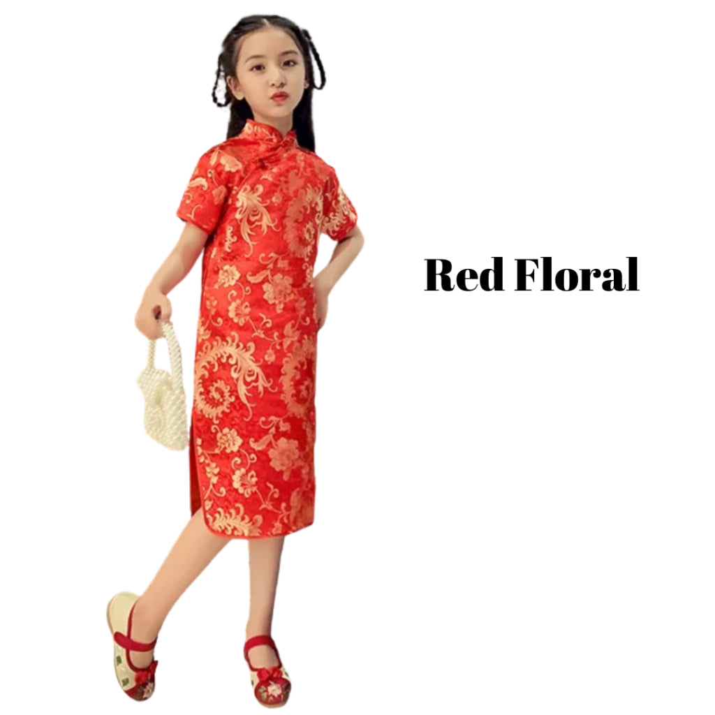 Kids Girls Retro Chinese Style Dragon Floral Embroidery Princess Summer Cheongsam Dress