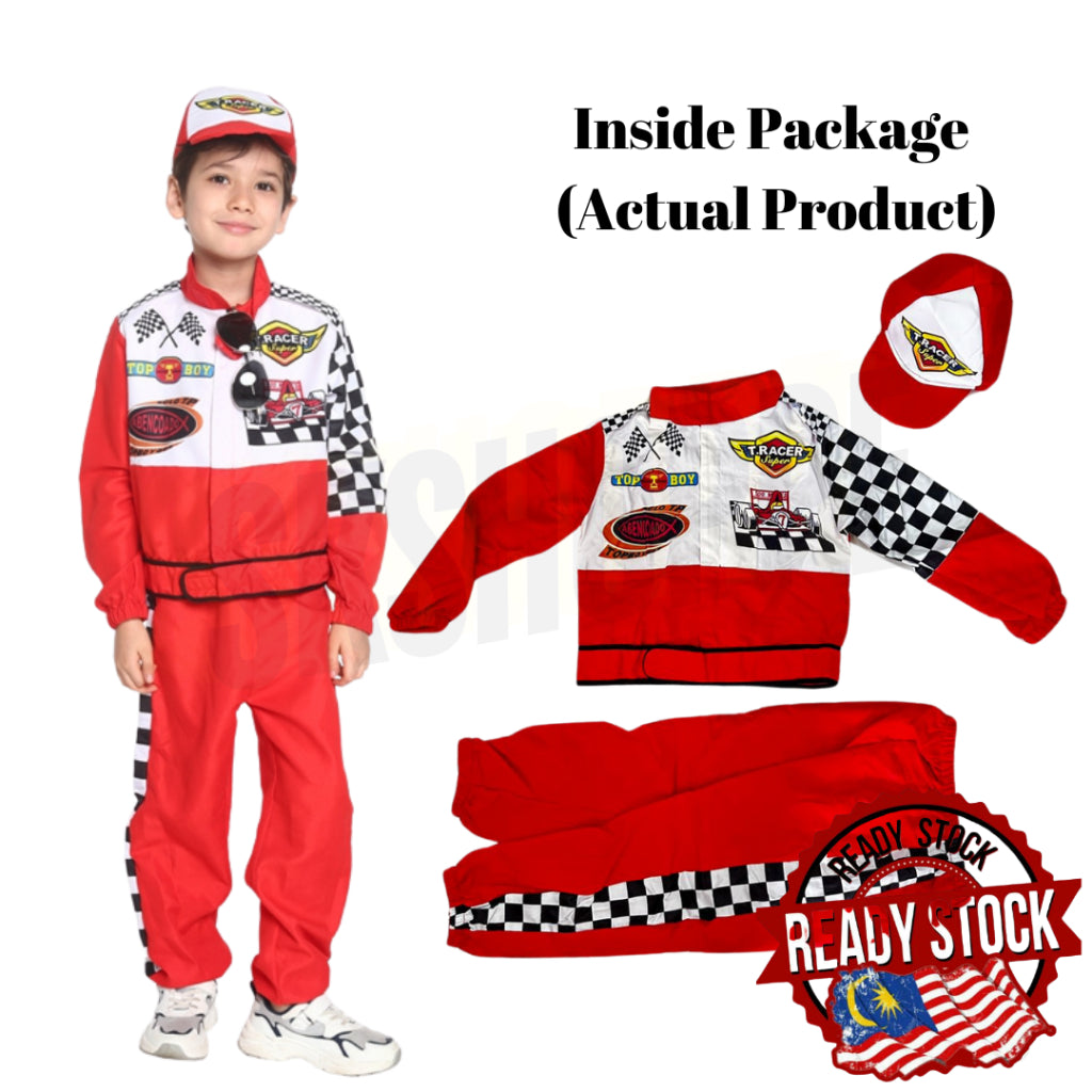 Pretend To Be Costume 1-Piece Red Suit & Helmet Racer Cosplay Quality Race Car Driver Fancy Dress up Unisex