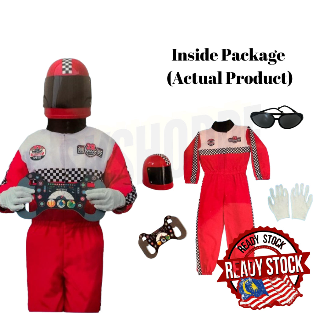 Pretend To Be Costume 1-Piece Red Suit & Helmet Racer Cosplay Quality Race Car Driver Fancy Dress up Unisex