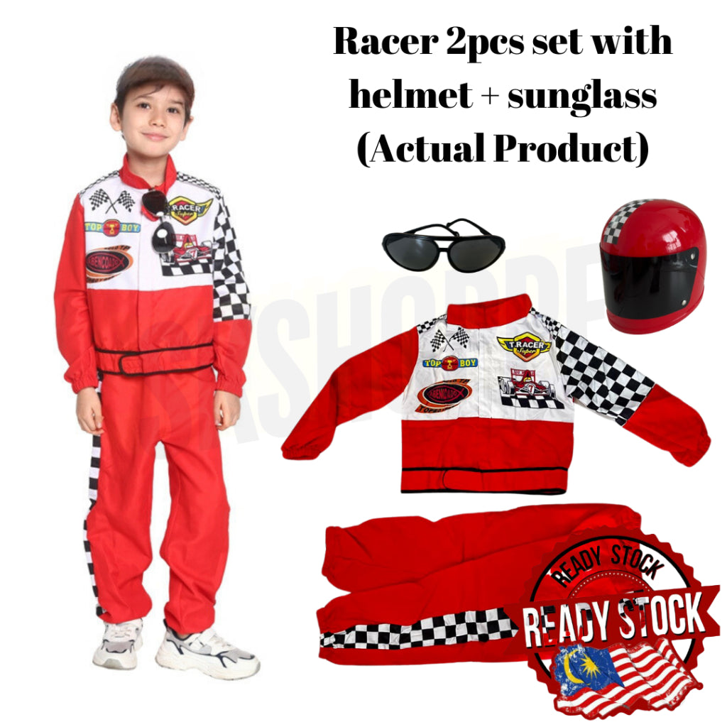 Pretend To Be Costume 1-Piece Red Suit & Helmet Racer Cosplay Quality Race Car Driver Fancy Dress up Unisex